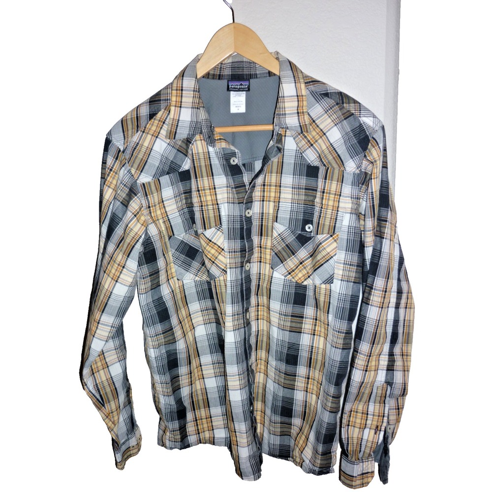 Patagonia Mens Organic Cotton Plaid Western Snap Shirt Brown Black White Medium